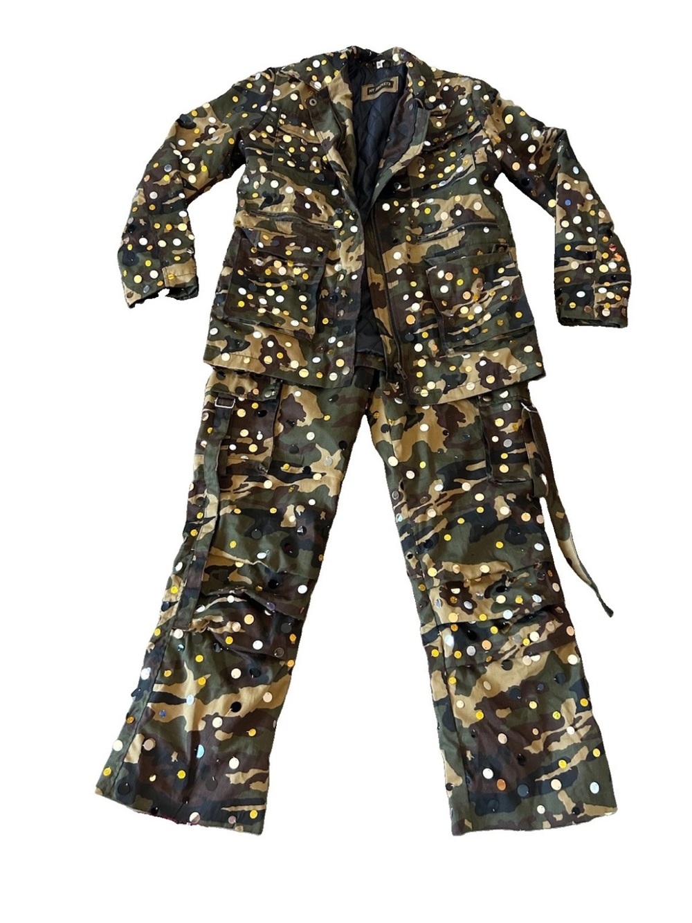 Rare NY Jackets Sequin Camo 2PC Jacket Pants Set M 32 Military Festival Y2K
